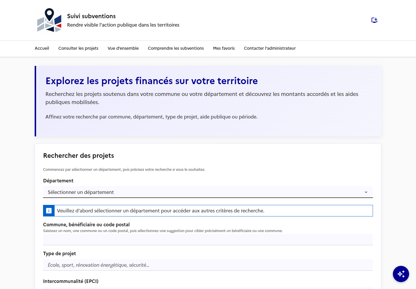 Formulaire de recherche multicritère des projets
