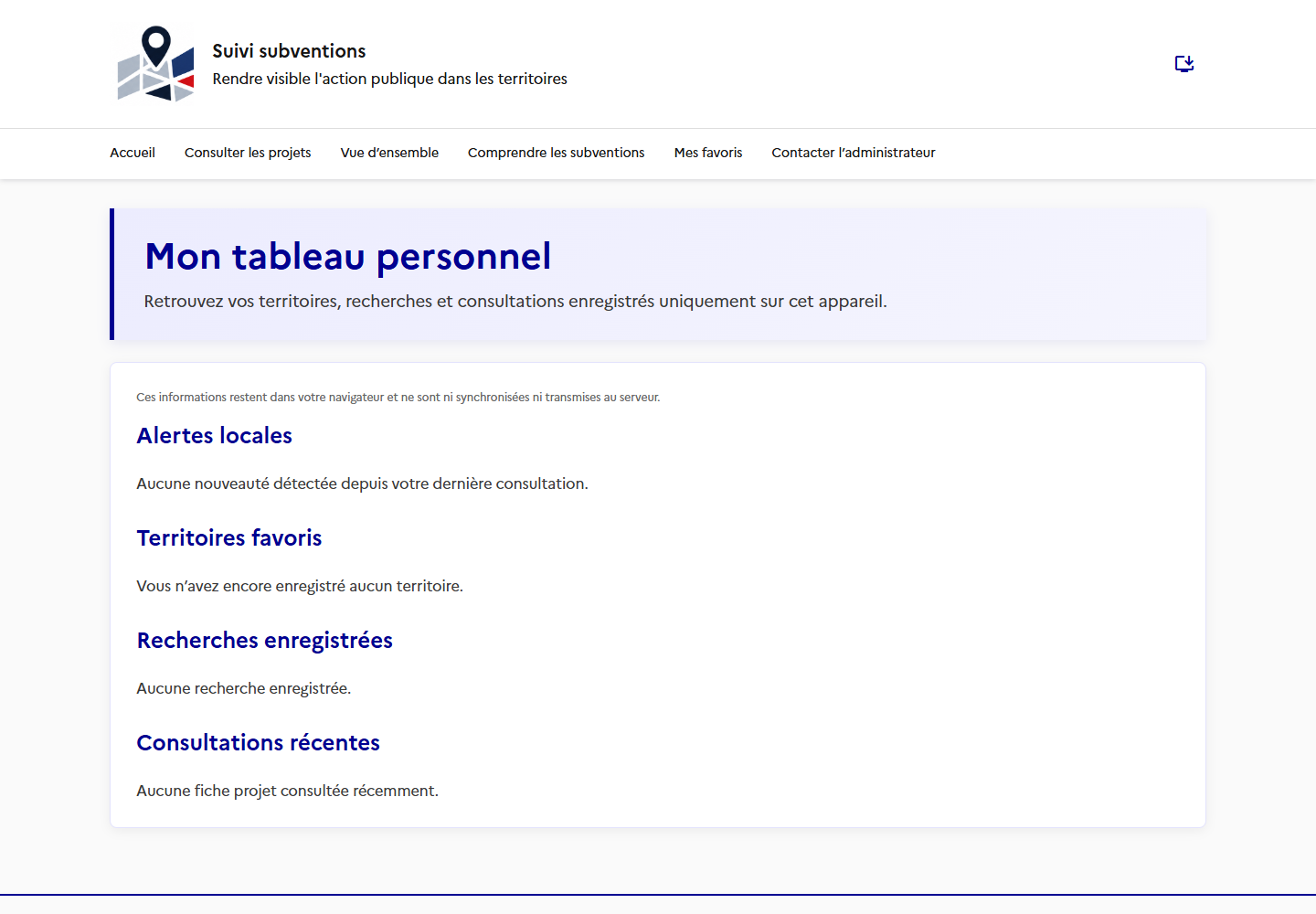 Tableau personnel avec favoris et recherches enregistrées